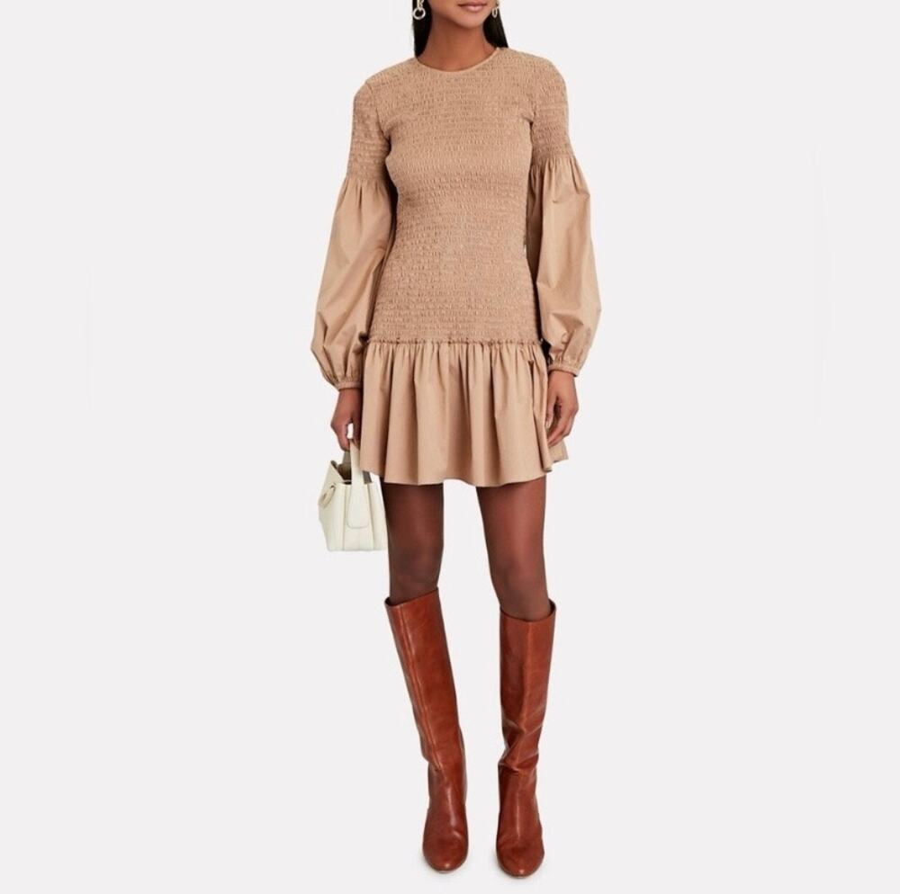 A.L.C. Kora Long Sleeve Smocked Dress Beige Tan Size 4